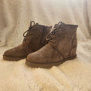 Brown faux suede hidden wedge lace-up/side zip boots